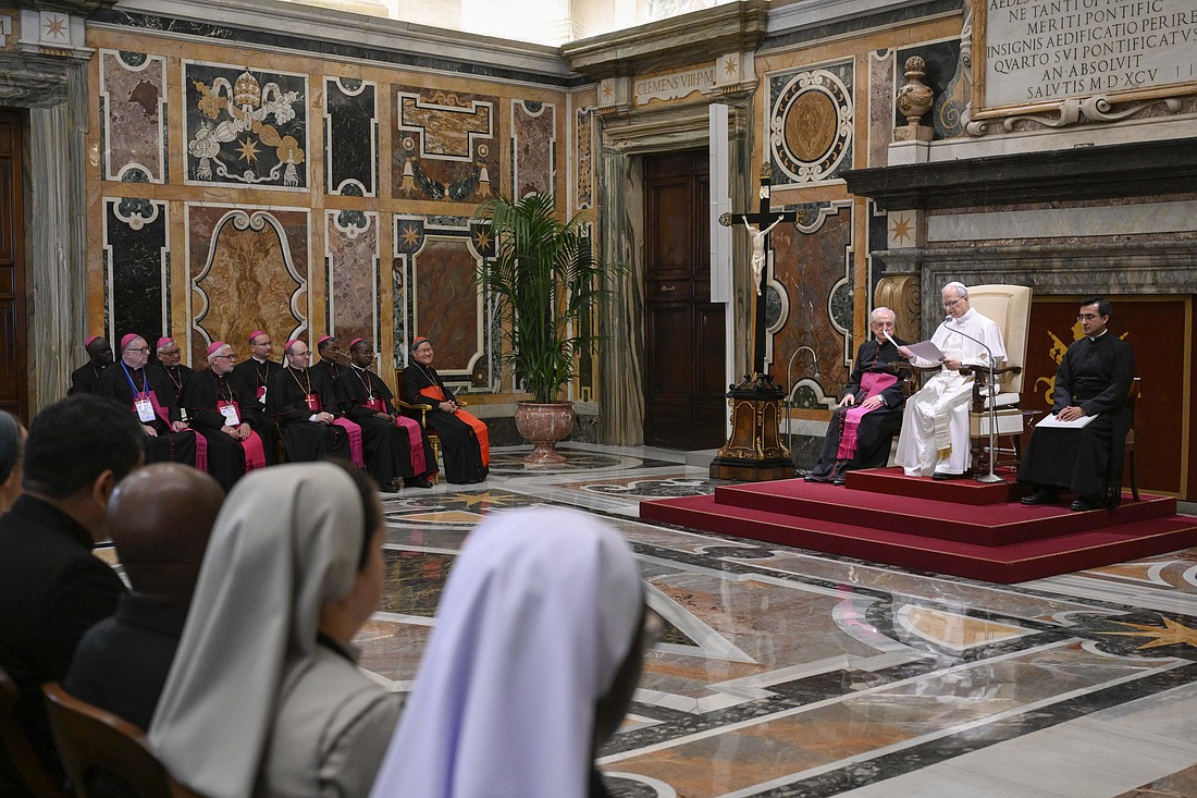 Pope Leo XIV speaks to the national directors of the Pontifical Mission Societies in the Vatican's Clementine Hall May 22, 2025. (CNS photo/Vatican Media)