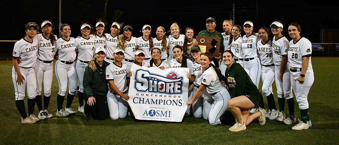 The Red Bank Catholic softball team finally got to display the banner it has waited 15 years to unveil, as the Bucs won their first Shore Conference Tournament title since 2010 by beating Colts Neck at Count Basie Park May 19. Photo contributed by Sami Passo