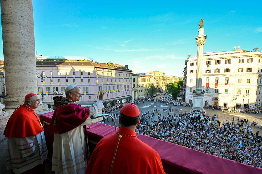 Pope Leo XIV greets those gathered outside the Basilica of St. Mary Major in Rome May 25, 2025. (CNS photo/Vatican Media)