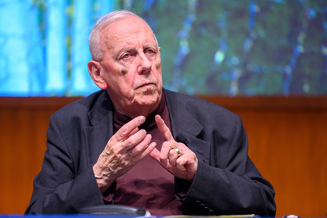 Alasdair MacIntyre, emeritus professor of philosophy at the University of Notre Dame, gives the plenary lecture at the university's de Nicola Center for Ethics and Culture's 2019 fall conference Nov. 8, 2019. The de Nicola Center, where MacIntyre was a permanent senior distinguished research fellow, confirmed MacIntyre's death at age 96 on May 21, 2025, in a May 23 announcement. (OSV News photo/Matt Cashore, courtesy of University of Notre Dame)
