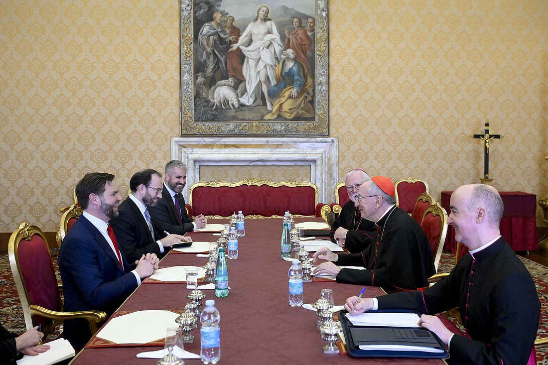Cardinal Pietro Parolin, Vatican secretary of state, and Archbishop Paul R. Gallagher, Vatican foreign minister, meet with U.S. Vice President JD Vance and members of his entourage in the Apostolic Palace at the Vatican April 19, 2025. (CNS photo/Vatican Media)