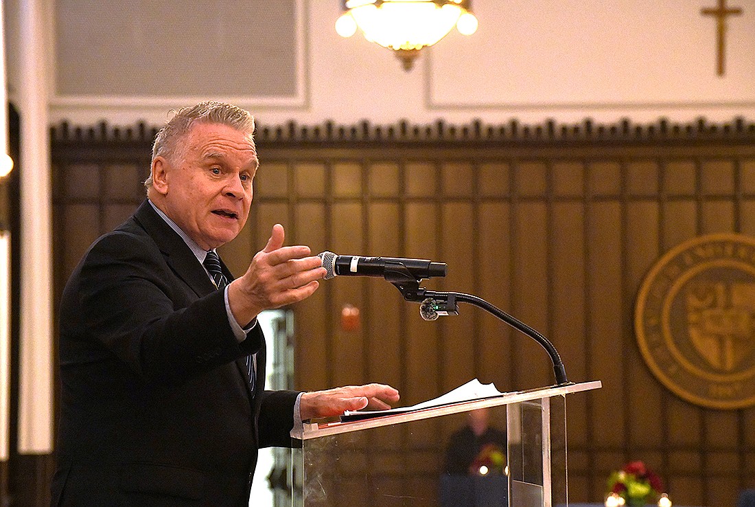 Rep. Chris Smith addresses fellow Catholic University of America honorees May 16 at a dinner before commencement. Courtesy photo
