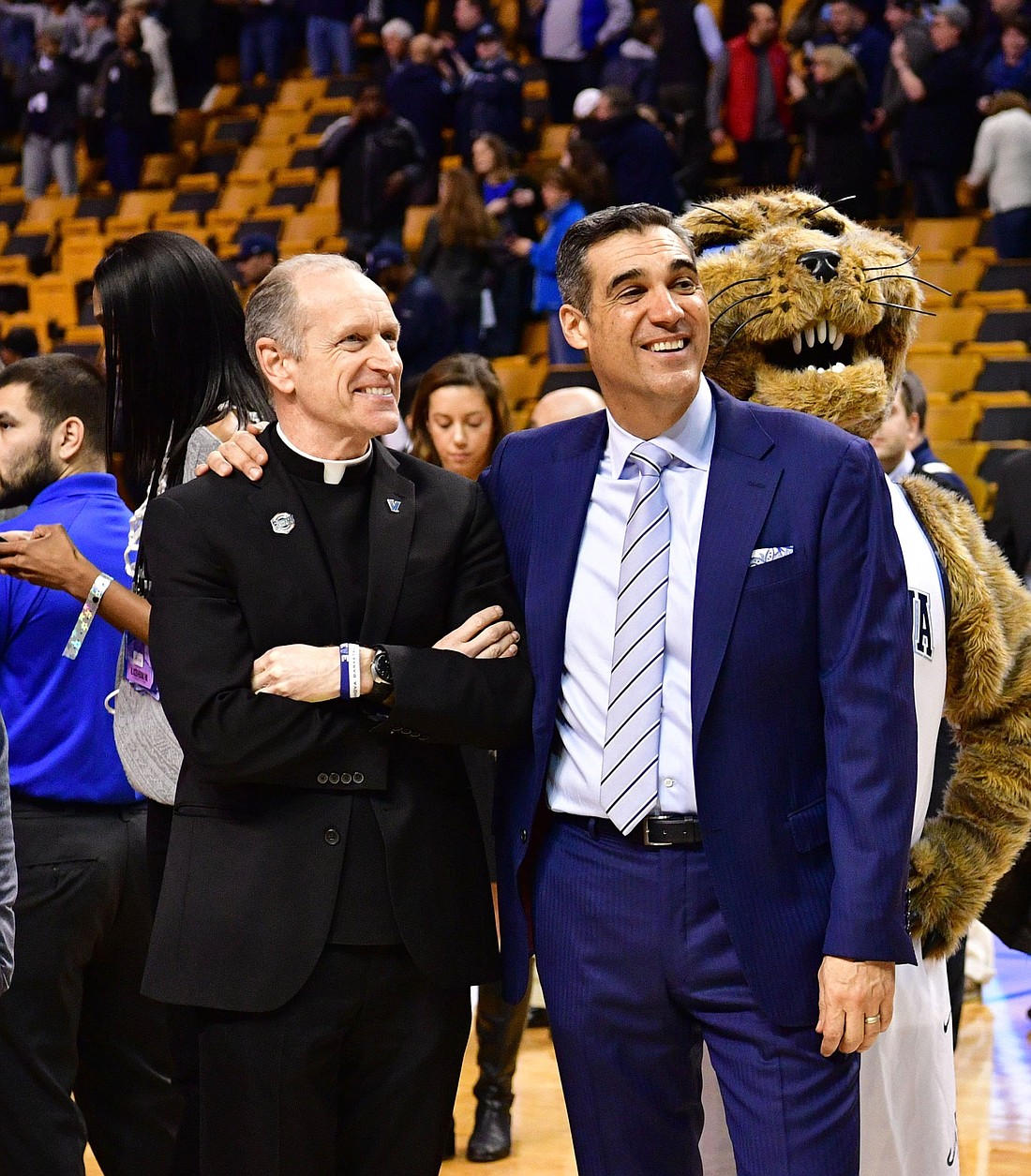 Father Rob Hagan, 53, chaplain of Villanova University's basketball team, is pictured with then-head coach Jay Wright after defeating the Texas Tech Red Raiders March 25 in the championship game of the East regional of the 2018 NCAA Tournament in Boston. The Augustinian priest has been Villanova's basketball chaplain since 2004. (CNS photo/courtesy Villanova University)