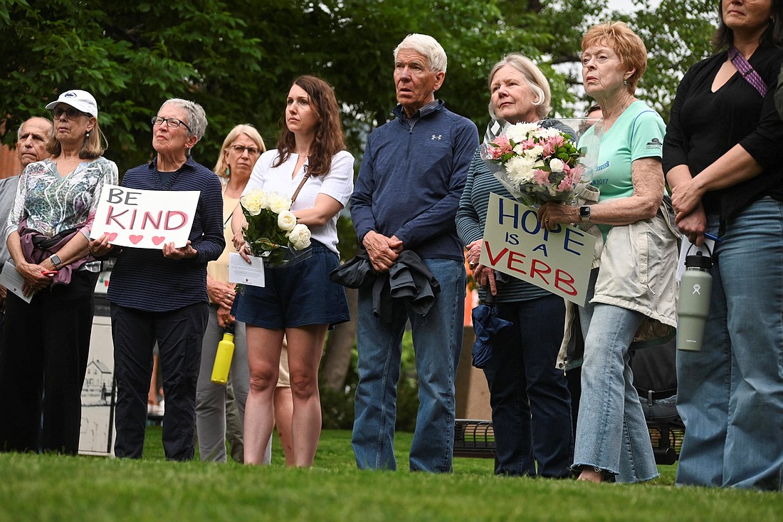 People gather for a prayer vigil in Boulder, Colo., June 2, 2025, beside a makeshift memorial at the scene of an attack that injured multiple people outside the Boulder County Courthouse. The alleged attacker, identified by the FBI as 45-year-old Mohamed Sabry Soliman, was armed with a homemade flamethrower and threw two Molotov cocktails at the group June 1, burning multiple victims, police said. Witnesses said Soliman yelled, "Free Palestine." (OSV News photo/Mark Makela, Reuters)