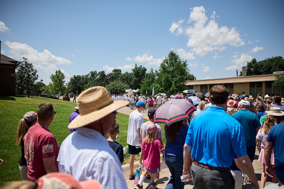 As part of the National Eucharistic Pilgrimage, pilgrims from the Archdiocese of Oklahoma City process June 1, 2025, from Christ the King Catholic Church to St. Eugene Catholic Church. Pilgrimage organizers are encouraging Catholics to turn out in strong numbers for the National Eucharistic Pilgrimage's Eucharistic processions to counter the growing number of anti-Catholic protesters who consistently have been present at the route's public events. (OSV News photo/Avery Holt, courtesy Archdiocese of Oklahoma City)