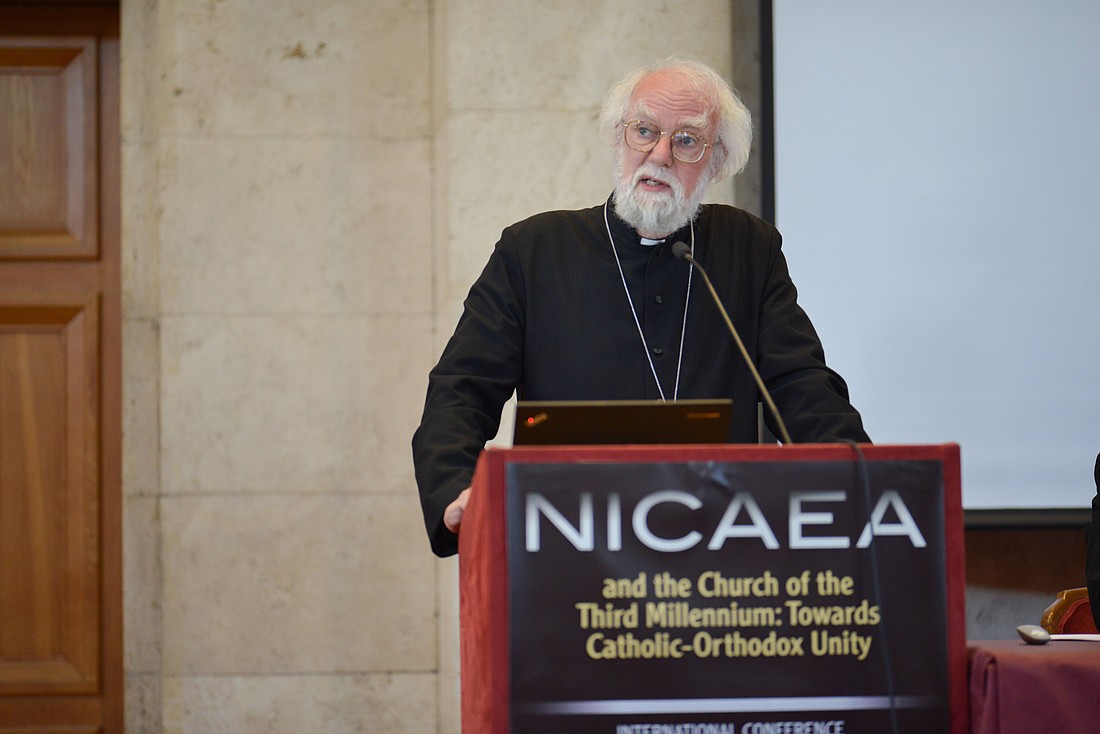 Anglican Archbishop Rowan Williams, the former archbishop of Canterbury, speaks at an ecumenical conference about the 1,700th anniversary of the Council of Nicaea June 4, 2025, at Pontifical University of St. Thomas Aquinas in Rome. (CNS photo/courtesy Pontifical University of St. Thomas Aquinas)
