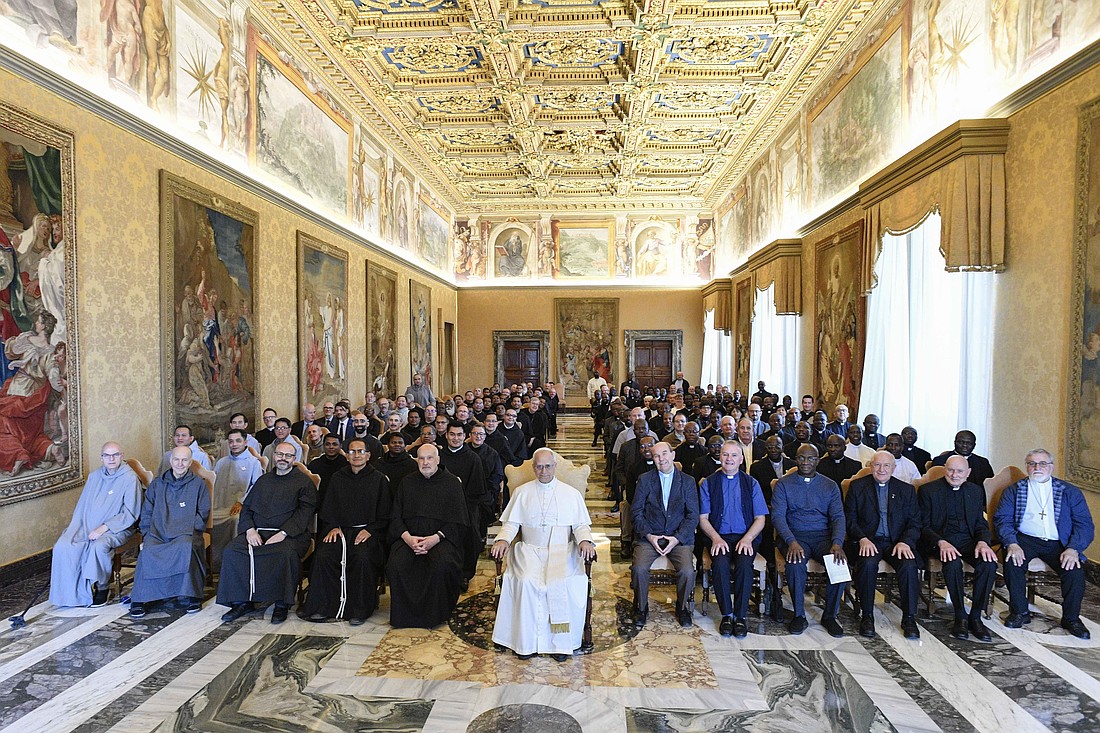 Pope Leo XIV poses for a photograph with representatives of the Society of African Missions, the Third Order Regular of St. Francis and formators and members of the Servants of the Paraclete during an audience at the Vatican June 6, 2025. (CNS photo/Vatican Media)