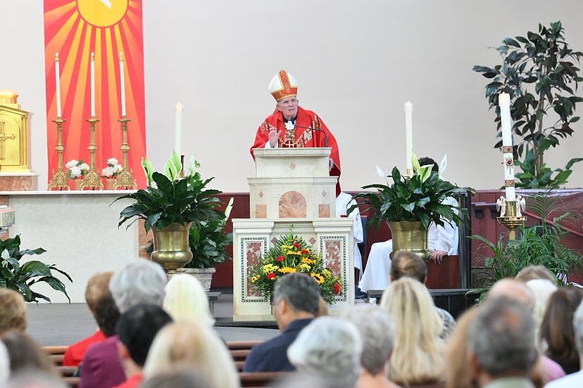 Bishop O'Connell preaches his homily during the Garden Revival Pentecost Vigil Mass he celebrated June 7 in St. Mary, Mother of God Church, Middletown. Mike Ehrmann photo