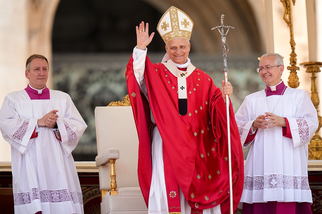 Pope Leo XIV smiles at the conclusion of Pentecost Mass in St. Peter’s Square at the Vatican June 8, 2025, marking the end of the Jubilee of Ecclesial Movements, Associations and New Communities. (CNS photo/Lola Gomez)