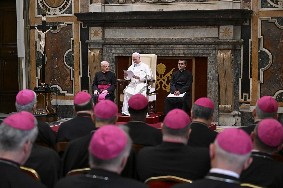 Pope Leo XIV speaks to apostolic nuncios and other papal diplomats during an audience at the Vatican June 10, 2025. (CNS photo/Vatican Media)