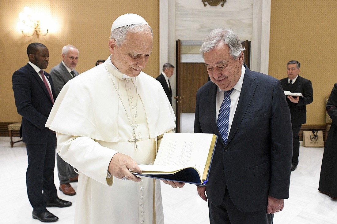 Pope Leo XIV meets with U.N. Secretary-General António Guterres during a private audience at the Vatican June 11, 2025. (CNS photo/Vatican Media)