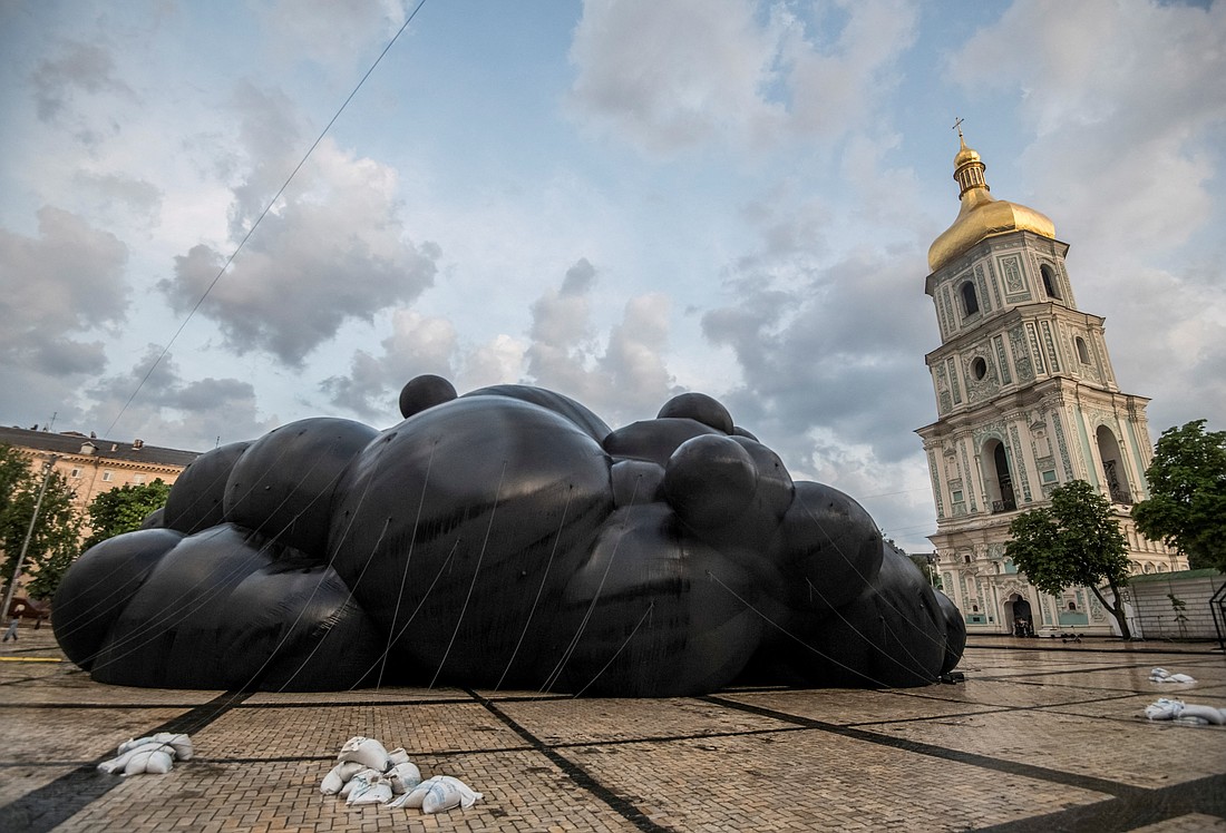 The "Black Cloud" installation by Ukrainian artist Oleksiy Sai (Liosha Say) is displayed near Holy Wisdom Cathedral, or St. Sophia Cathedral, in central Kyiv June 8, 2025. The cathedral was damaged in large-scale Russian drone attack on Kyiv and Odesa June 10 that killed up to seven people and injured up to 13 others. In a chilling evocation of Russia's all-out invasion of Ukraine since February 2022, the art installation includes the sounds of artillery fire, explosions, drones and military vehicles. (OSV News photo/Vladyslav Musiienko, Reuters)