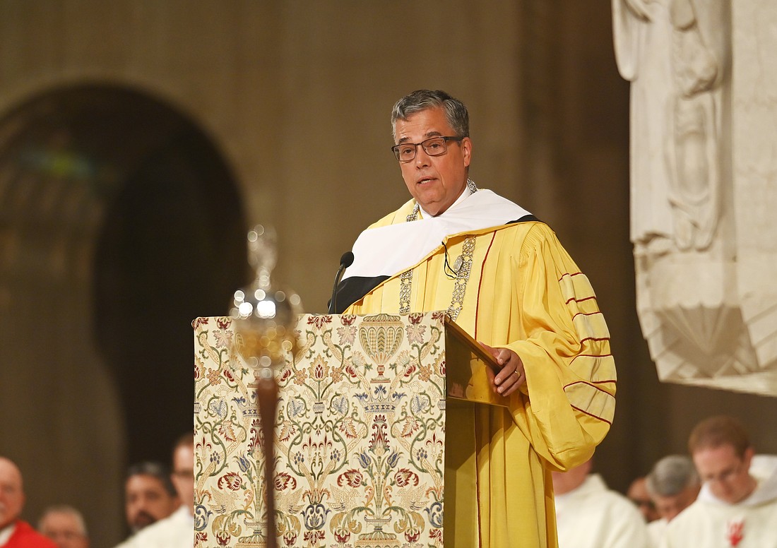Peter Kilpatrick, president of The Catholic University of America, speaks during the Sept. 1, 2022, Mass of the Holy Spirit at the Basilica of the National Shrine of the Immaculate Conception in Washington, opening the academic year for CUA. Kilpatrick was among Catholic leaders who attended the second convening of the Commission on Faith-Based Colleges and Universities of the American Council on Education at the John F. Kennedy Center for the Performing Arts in Washington June 9, 2025. (OSV News photo/Patrick G. Ryan, courtesy The Catholic University of America)