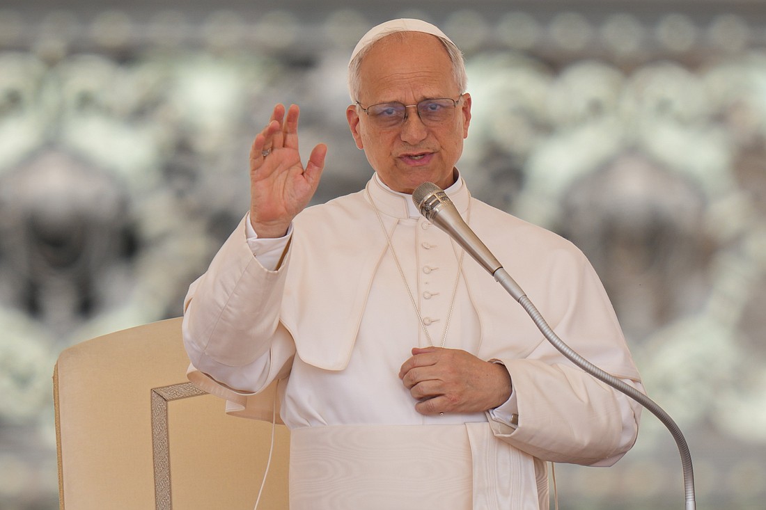 Pope Leo XIV gives his blessing at the conclusion of  his weekly general audience in St. Peter's Square at the Vatican June 11, 2025. (CNS photo/Lola Gomez)