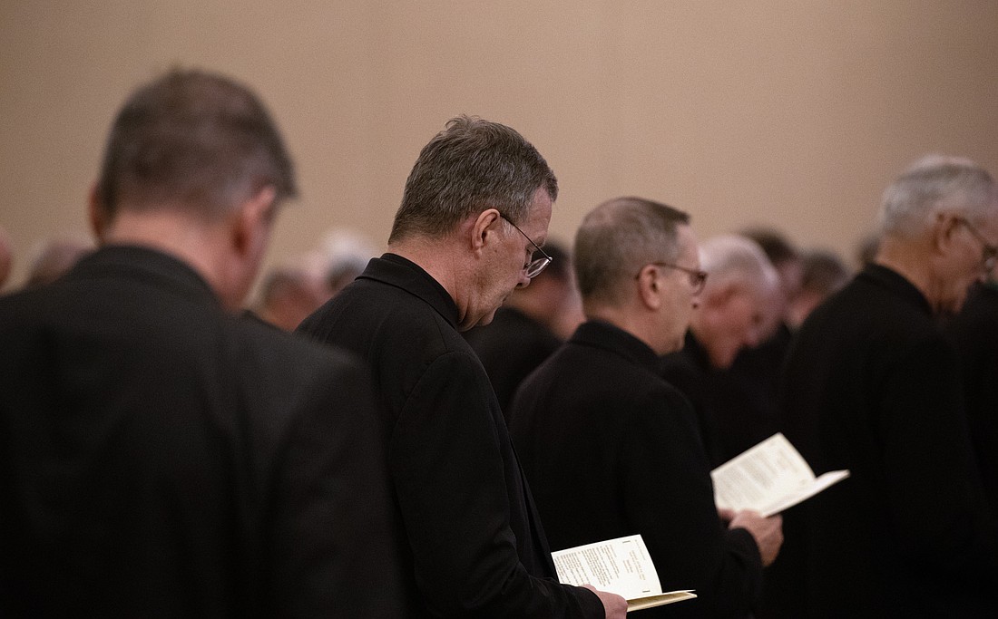 Bishops pray June 13, 2024, at the U.S. Conference of Catholic Bishops' Spring Plenary Assembly in Louisville, Ky. (OSV News photo/Bob Roller)