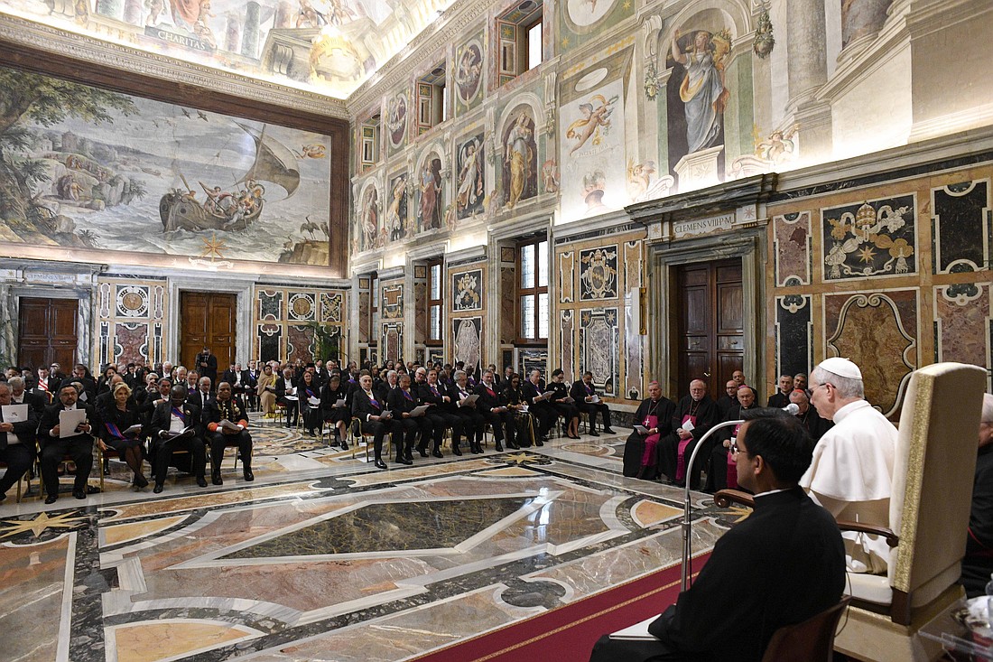 Pope Leo XIV speaks to diplomats during an audience with the Vatican diplomatic corps in the Apostolic Palace's Clementine Hall at the Vatican May 16, 2025. (CNS photo/Vatican Media)