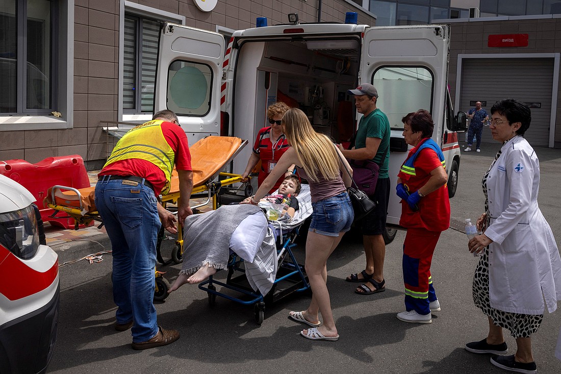 A child patient is evacuated from from the Okhmatdyt Children's Hospital following a Russian missile strike on one of its buildings in Kyiv, amid Russia's attack on Ukraine, July 8, 2024. (OSV News photo/Thomas Peter, Reuters)..