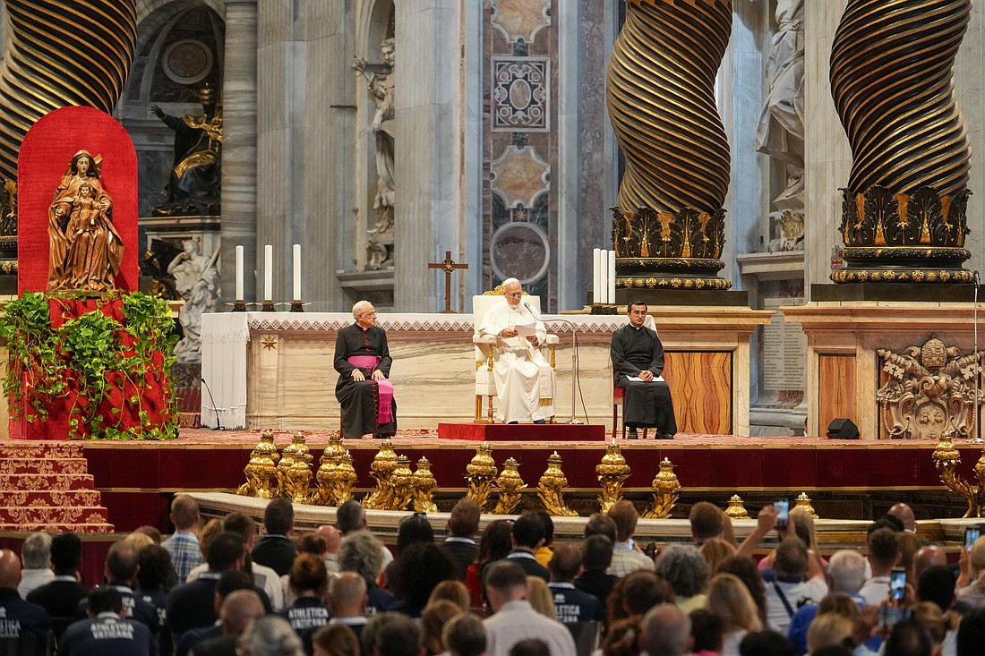 Pope Leo XIV addresses pilgrims in Rome for the Holy Year 2025 during an audience in St. Peter's Basilica June 14, 2025. (CNS photo/Lola Gomez)