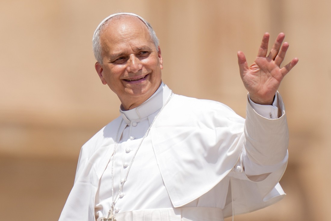 Pope Leo XIV greets people as he rides in the popemobile in St. Peter’s Square after celebrating Mass on the feast of the Holy Trinity and for the conclusion of the Jubilee of Sport in St. Peter’s Basilica at the Vatican June 15, 2025. (CNS photo/Lola Gomez)