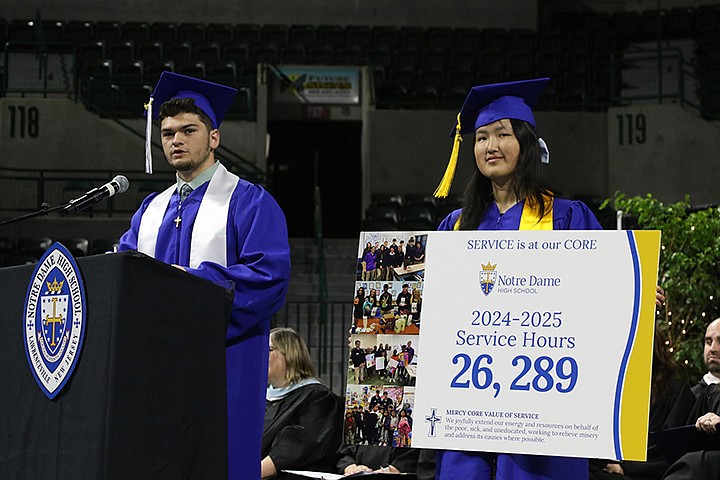 Notre Dame High graduates Jeffrey Robert Merendino and Sarah J. Cain display a board with the various community service outreach efforts the Class of 2025 participated in throughout the year. Courtesy photo