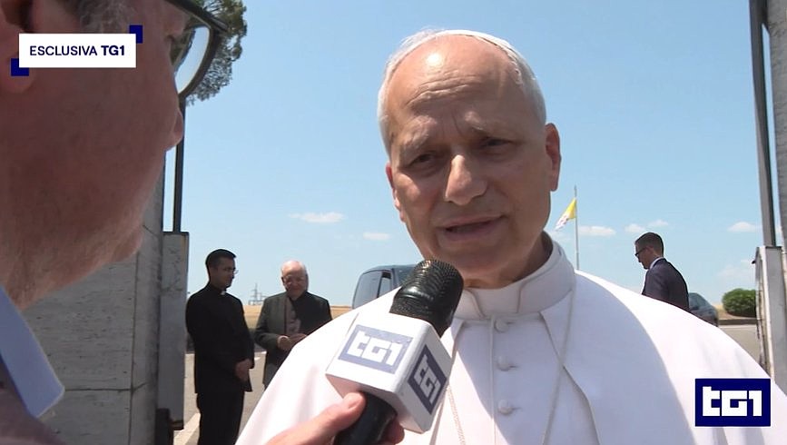 Pope Leo XIV is seen in a video interview with RAI Uno June 19, 2025, outside of Vatican Radio's transmission center at Santa Maria di Galeria outside of Rome, Italy, where he had made an impromptu visit. (CNS photo/screengrab from RAI Uno video)