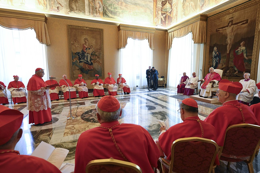 Cardinal Marcello Semeraro, prefect of the Dicastery for the Causes of Saints, addresses Pope Leo XIV in this file photo from June 13, 2025. Pope Leo approved several decrees advancing other sainthood causes June 20 at the Vatican. (CNS photo/Vatican Media)