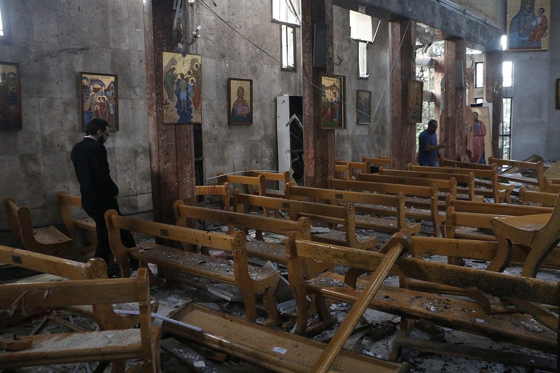 Civil defense members inspect the damage after a blast rocked the Mar Elias Church according to witnesses, in the Dweila neighborhood of Damascus, Syria, June 22, 2025. (OSV News photo/The White Helmets/Handout via Reuters) ..THIS IMAGE HAS BEEN SUPPLIED BY A THIRD PARTY NO RESALES. NO ARCHIVES. MANDATORY CREDIT.