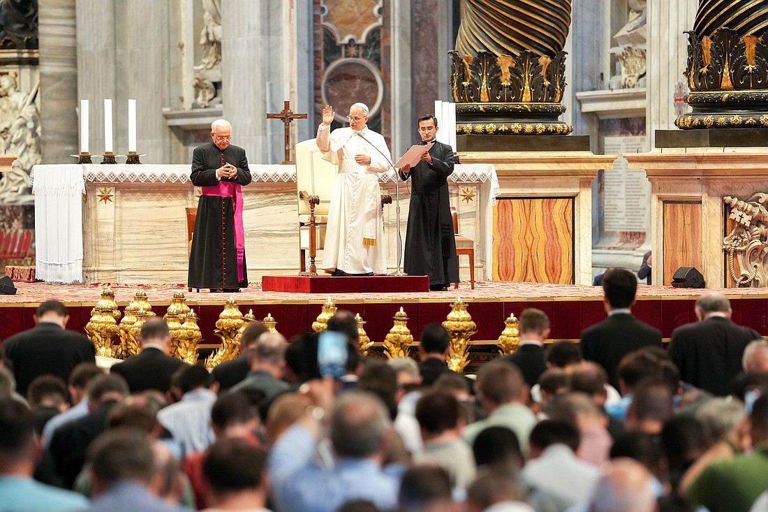 Pope Leo XIV gives his blessing after leading a meditation for hundreds of seminarians and those involved in priestly formation from around the world in St. Peter's Basilica at the Vatican June 24, 2025, as part of the Jubilee of Seminarians. (CNS photo/Lola Gomez)