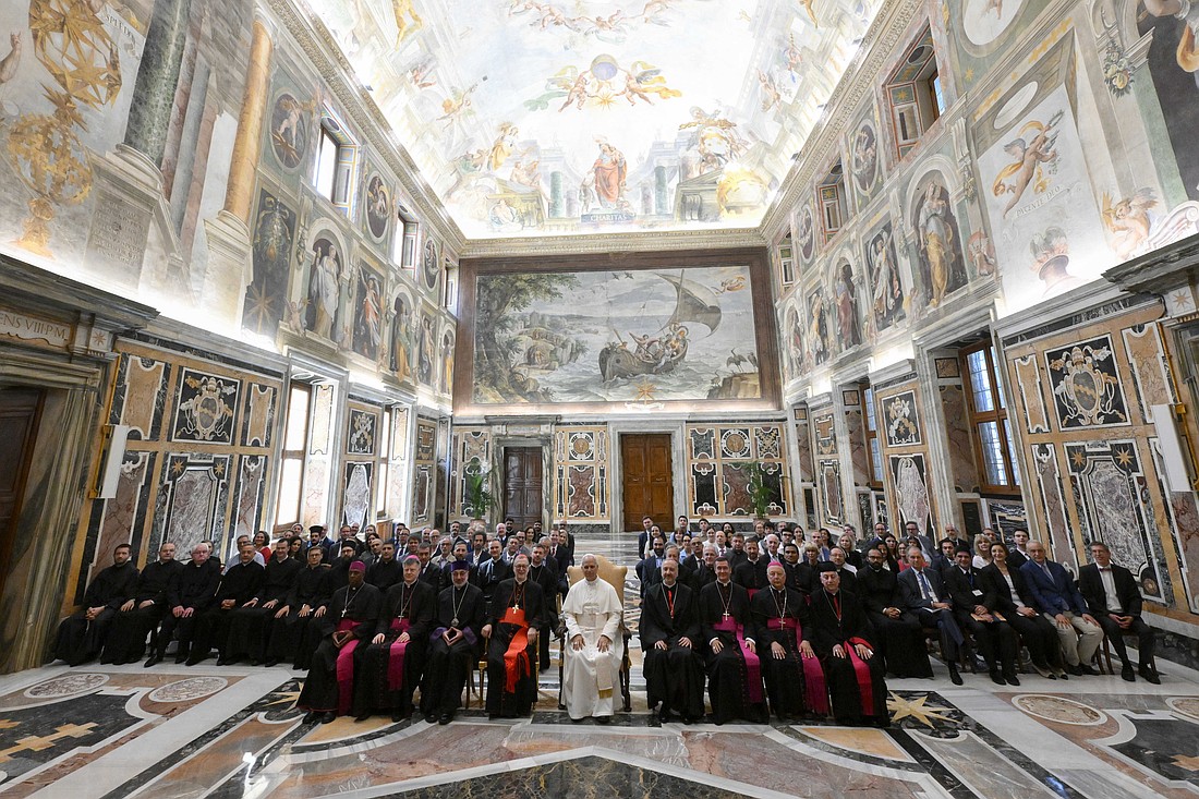 Pope Leo XIV poses for a photo with members of ROACO, a Vatican coalition of Catholic charities at the Vatican June 26, 2025. (CNS photo/Vatican Media).