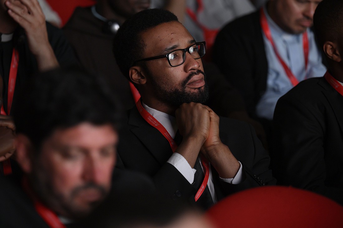 Priests listen as Pope Leo XIV speaks during a meeting with priests at a Rome auditorium near the Vatican June 26, 2025. (CNS photo/Vatican Media)