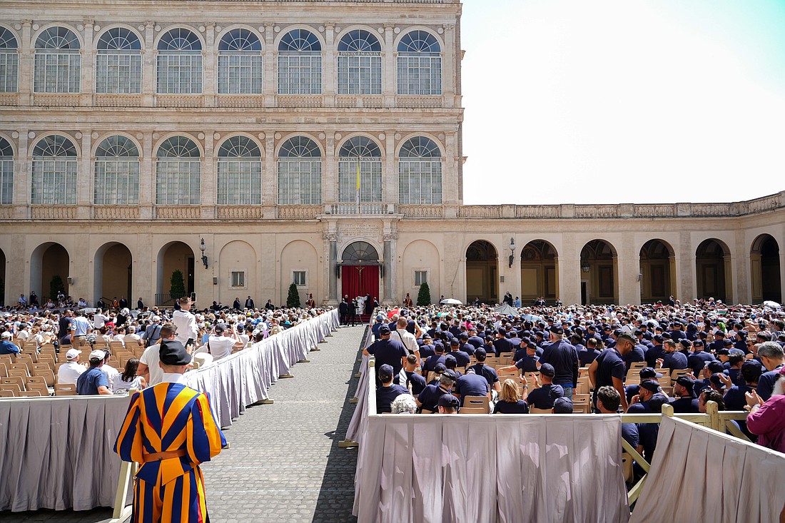 Pope Leo XIV marks the International Day Against Drug Abuse and Illicit Trafficking with a meeting in the San Damaso Courtyard at the Vatican June 26, 2025. (CNS photo/Lola Gomez)