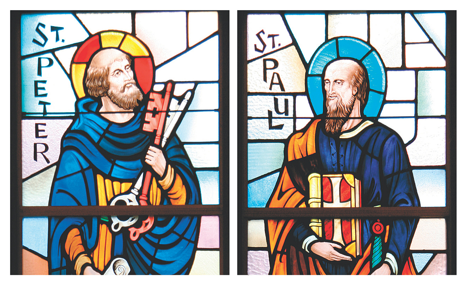 These stained glass windows of St. Peter and St. Paul are found in St. John Church, Lakehurst. The Solemnity of these two saints is celebrated June 29.