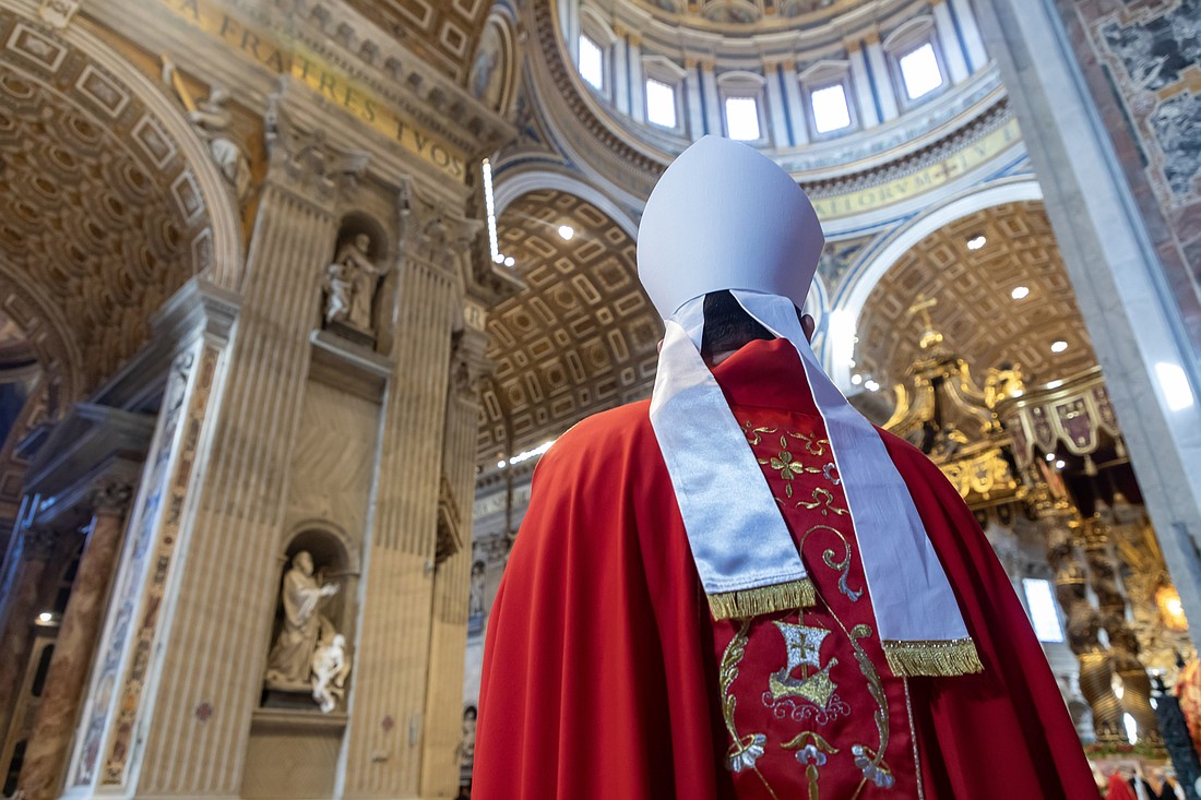 An archbishop arrives for Mass with Pope Leo XIV for the feast of Sts. Peter and Paul in St. Peter's Basilica at the Vatican June 29, 2025. (CNS photo/Pablo Esparza)