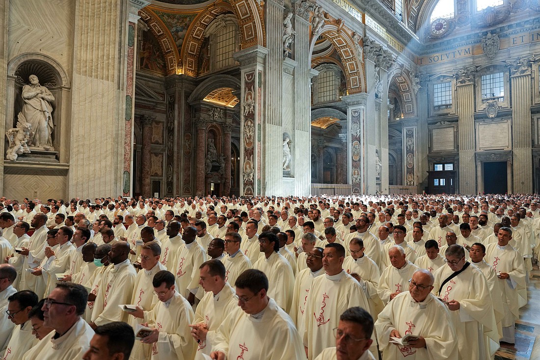Priests join in prayer during Mass with Pope Leo XIV on the feast of the Sacred Heart of Jesus in St. Peter’s Basilica at the Vatican June 27, 2025. (CNS photo/Lola Gomez)
