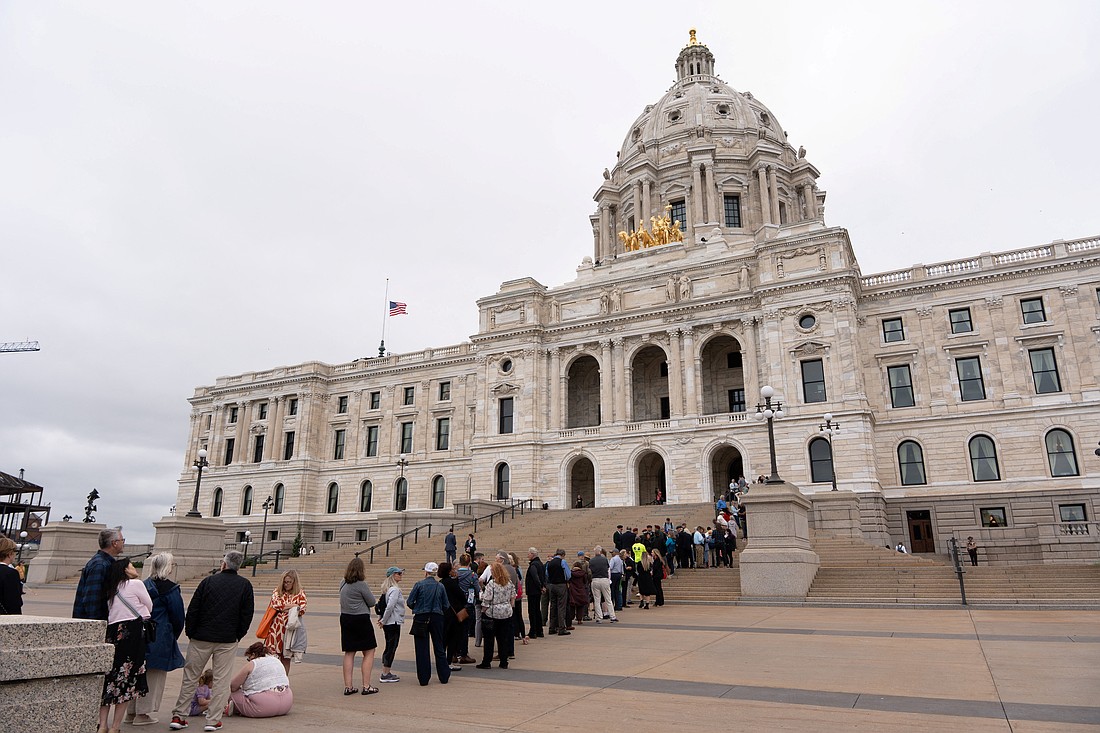 Mourners line up to pay their respects to senior Democratic state assemblywoman Melissa Hortman and her husband, Mark, as their bodies lie in state June 27, 2025, at the Minnesota Capitol in St. Paul. The couple was shot dead in their home in a Minneapolis suburb June 14. A funeral Mass for the couple was celebrated June 28 at the Basilica of St. Mary in Minneapolis. (OSV News photo/Tim Evans, Reuters)