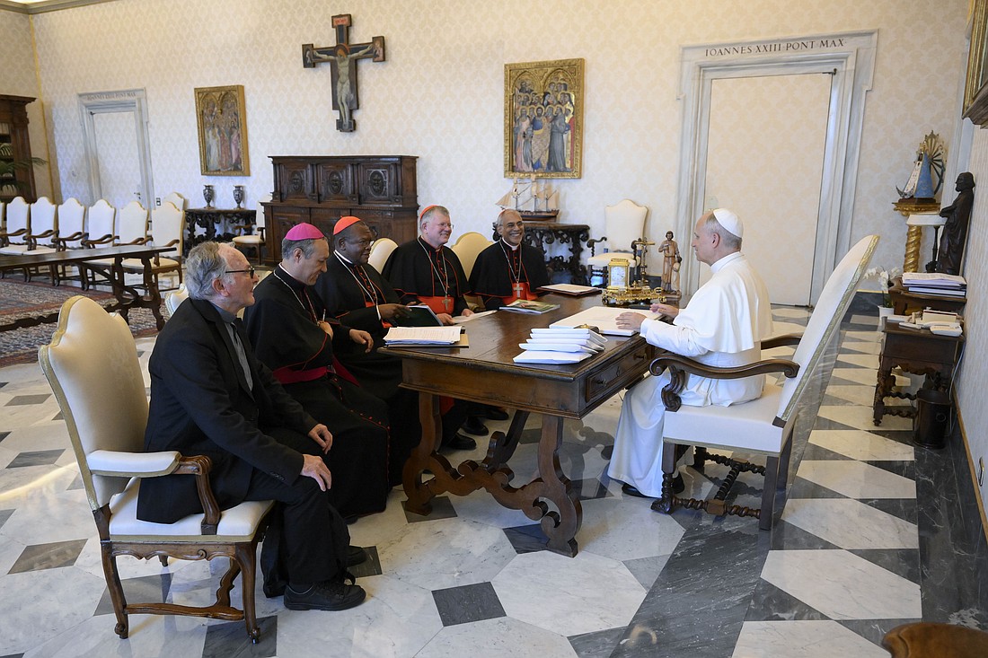 Pope Leo XIV meets with the heads of several bishops' conferences July 1, 2025, at the Vatican. From left are Indian Cardinal Filipe Neri Ferrão, president of the Federation of Asian bishops' conferences; Brazilian Cardinal Jaime Spengler of Porto Alegre, president of the Latin American bishops' council, known as CELAM; and Congolese Cardinal Fridolin Ambongo Besungu of Kinshasa, president of the Symposium of Episcopal Conferences of Africa and Madagascar, or SECAM; and other prelates. (OSV News photo/Mario Tomassetti, Vatican Media)
