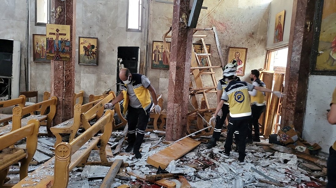 Civil defense members inspect the damage after a blast rocked the Mar Elias Church according to witnesses, in the Dweila neighborhood of Damascus, Syria, June 22, 2025. (OSV News photo/The White Helmets/Handout via Reuters) ..THIS IMAGE HAS BEEN SUPPLIED BY A THIRD PARTY NO RESALES. NO ARCHIVES. MANDATORY CREDIT.