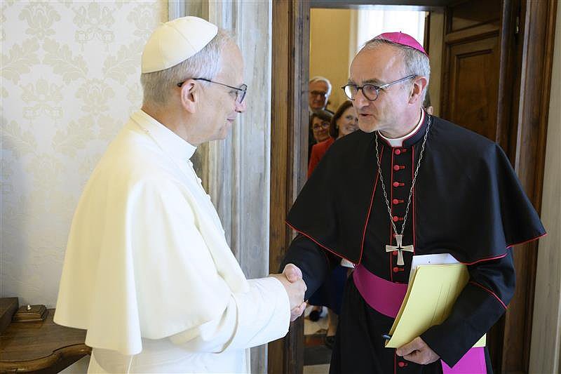Pope Leo XIV greets Archbishop Thibault Verny of Chambéry, France, during a meeting at the Vatican June 5, 2025. The pope appointed Archbishop Verny president of the Pontifical Commission for the Protection of Minors, succeeding U.S. Cardinal Seán P. O’Malley. (CNS photo/Vatican Media)
