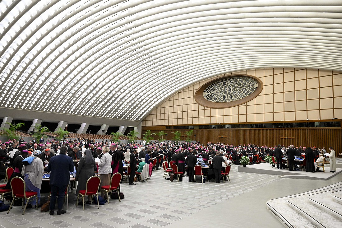 Pope Francis and members of the Synod of Bishops on synodality offer a prayer of thanks to God after the synod's final working session Oct. 26, 2024, in the Paul VI Audience Hall at the Vatican. (CNS photo/Vatican Media)