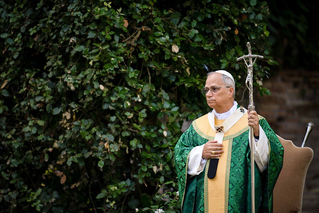 Pope Leo XIV holds his crosier as he celebrates Mass for the Care of Creation on the grounds of the Borgo Laudato Si' ecology center in Castel Gandolfo, Italy, July 9, 2025. (CNS photo/Cristian Gennari, pool)