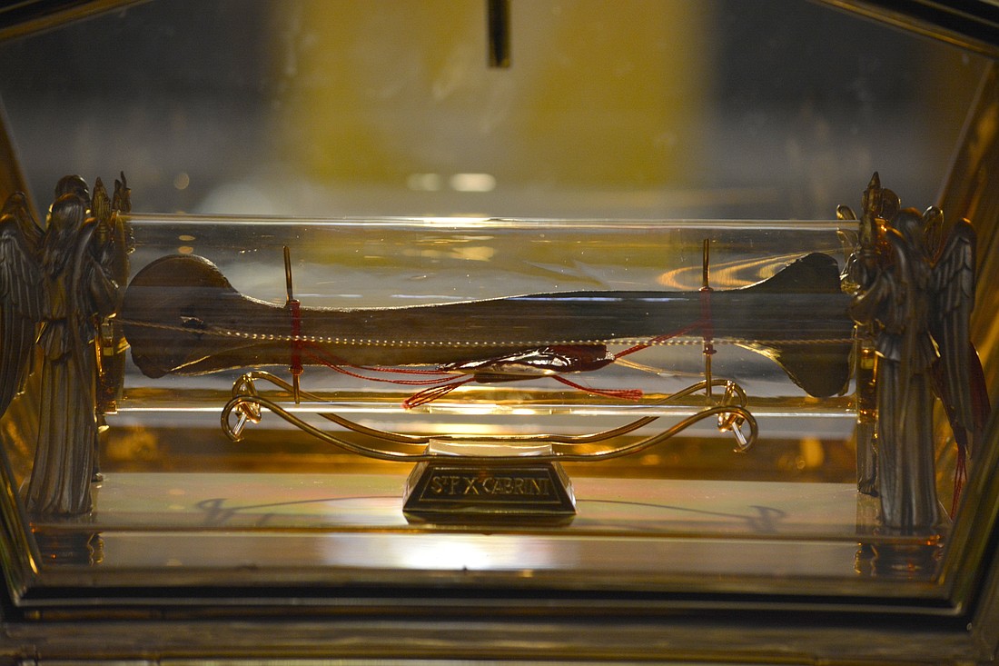 A first class relic of St. St. Frances Xavier Cabrini's right forearm bone is pictured July 3, 2025, encased at the center of the altar of the chapel, now a national shrine, attached to the razed Columbus Hospital in Chicago built by Mother Cabrini in the early 1990s. The saint died in that hospital on Dec. 22, 1917. (OSV News photo/Simone Orendain)