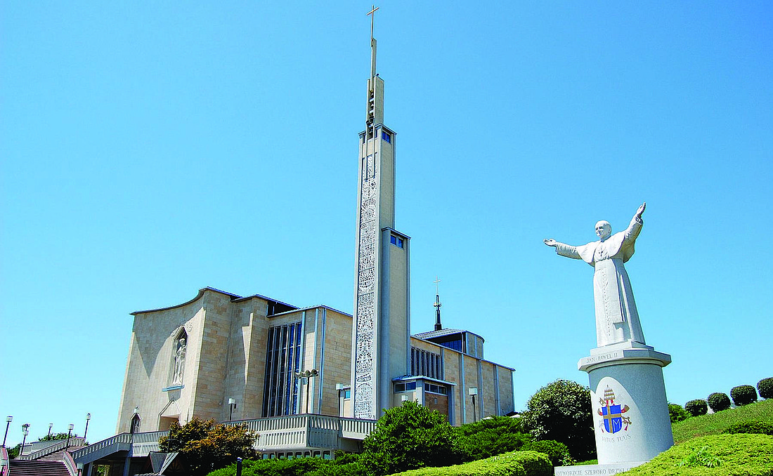 A statue commemorating St. Pope John Paul II graces the entrance to the National Shrine of Our Lady of Czestochowa, Doylestown, Pa. Courtesy photo