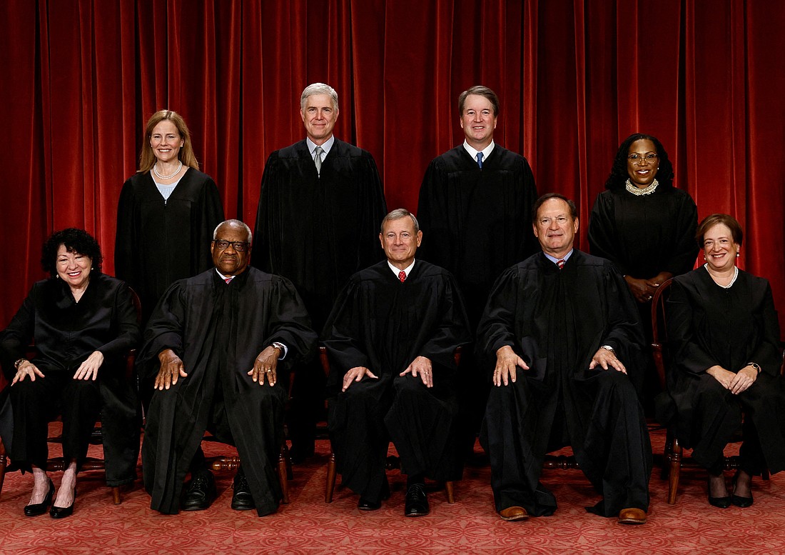 U.S. Supreme Court justices pose for their group portrait at the Supreme Court in Washington Oct. 7, 2022. Seated from left are Justices Sonia Sotomayor and Clarence Thomas, Chief Justice of the United States John G. Roberts Jr., and Justices Samuel A. Alito Jr. and Elena Kagan. Standing from left are Justices Amy Coney Barrett, Neil M. Gorsuch, Brett M. Kavanaugh and Ketanji Brown Jackson. (OSV News photo/Evelyn Hockstein, Reuters)