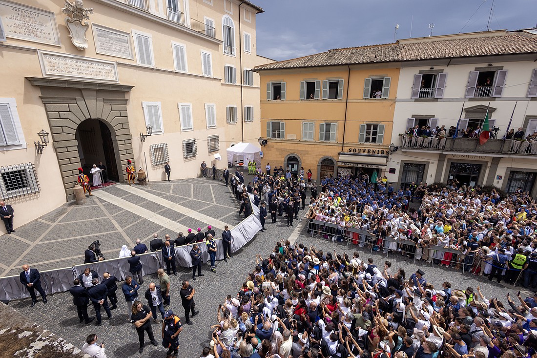 Pope Leo XIV delivers his first Angelus from Castel Gandolfo, Italy, July 13, 2025. (CNS photo/Pablo Esparza)