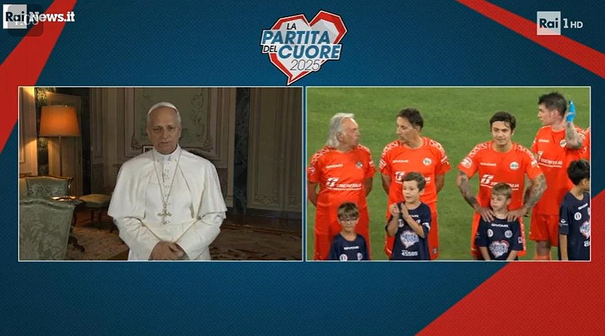 Pope Leo XIV is seen in a recorded video message aired by RAI Uno July 15, 2025, along with a live shot of Italian singers playing in a charity soccer match. The message, recorded from the papal summer villa in Castel Gandolfo, was played before the start of the annual event, which was raising money this year for a project helping families of patients receiving long-term care at the Vatican-owned Bambino Gesù Pediatric Hospital in Rome. (CNS photo/screengrab from RAI Uno/RAI News video)