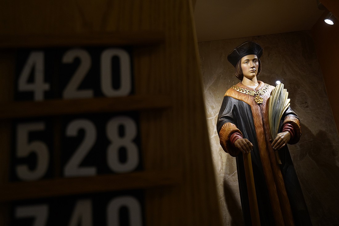 A statue of St. Thomas More, patron of statesmen, politicians and members of the legal profession, is seen at St. Thomas More Church in Hauppauge, N.Y. Lord chancellor of England under King Henry VIII, St. Thomas More was beheaded in 1535 on charges of treason after refusing to recognize the king as the supreme head of the Church of England. Under a proposal announced July 6, 2025, the Church of England is weighing a plan to disinter St. Thomas More's skull and place it in a shrine for veneration. (OSV News photo/Gregory A. Shemitz)