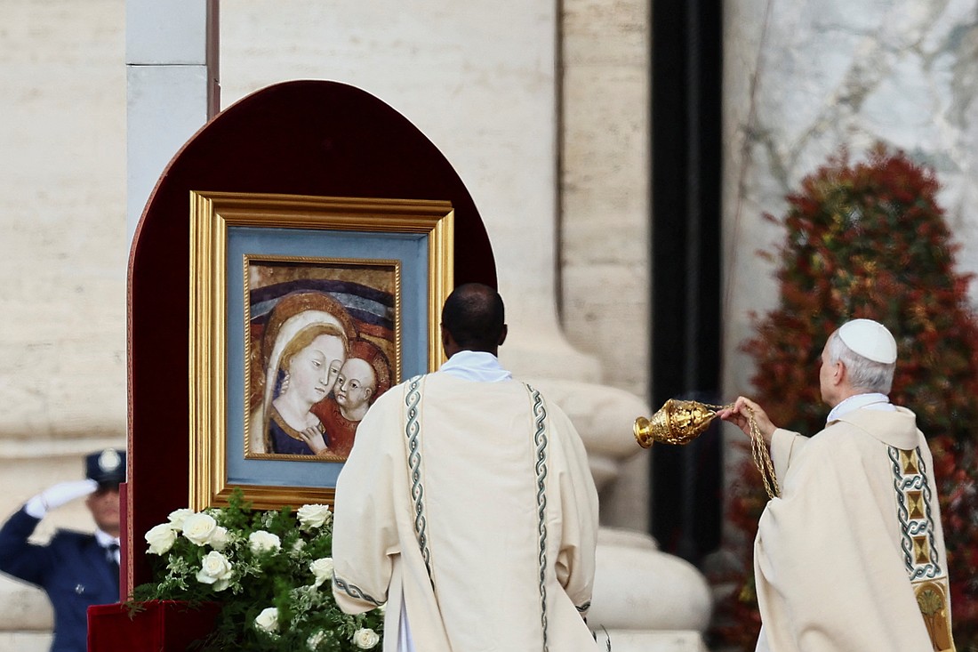 Pope Leo XIV swings a censer near a painting of Mary and the Christ Child as he celebrates his inauguration Mass at the Vatican May 18, 2025. (OSV News photo/Yara Nardi, Reuters)