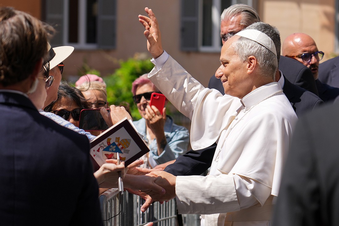 Pope Leo XIV greets visitors at the conclusion of Mass at the Cathedral of St. Pancras Martyr in the town of Albano Laziale, southeast of Rome, July 20, 2025. (CNS photo/Lola Gomez)