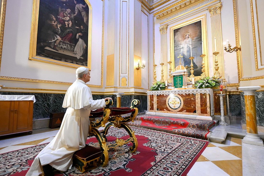 Pope Leo XIV prays in a side chapel of the Cathedral of St. Pancras Martyr in Albano Laziale, southeast of Rome, on July 20, 2025. Pope Leo said he was "deeply saddened" to learn of "the loss of life" after a military jet crashed into Milestone School and College July 21 in Dhaka, Bangladesh, killing at least 31 and injuring more than 170. (CNS photo/Vatican Media)