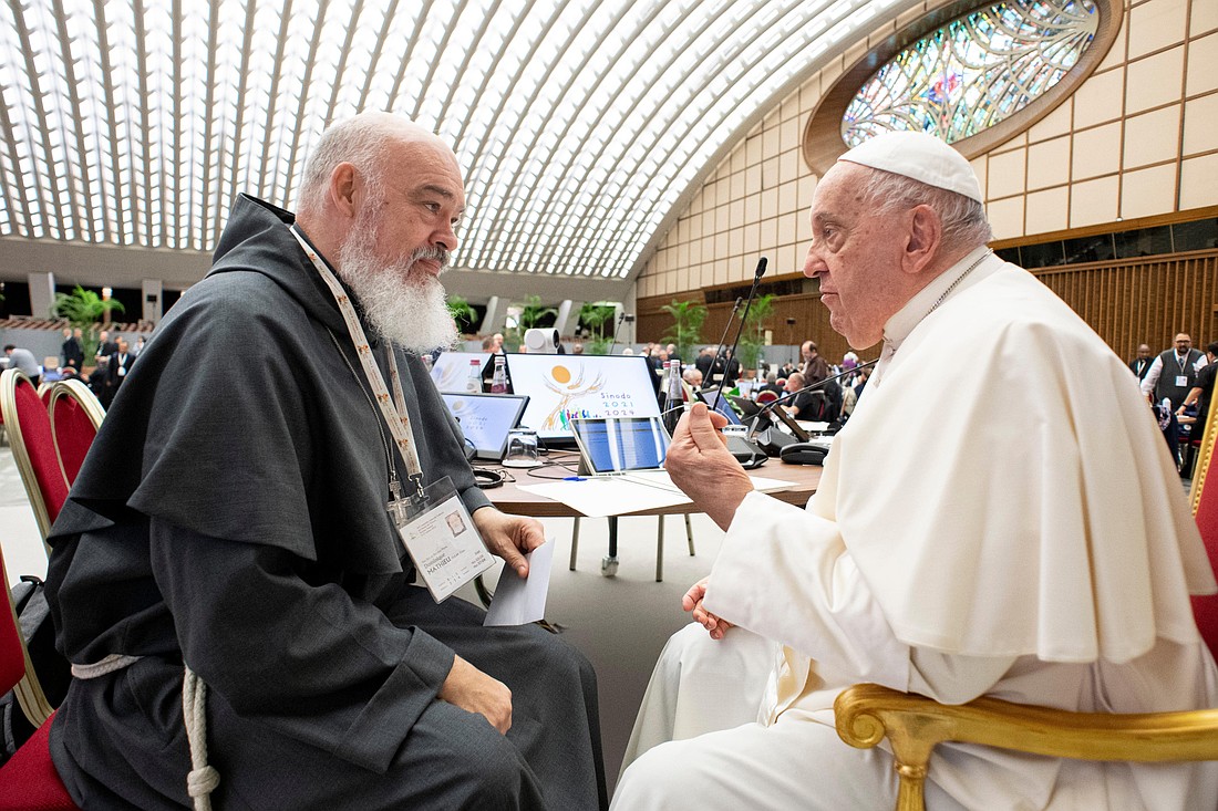 Pope Francis speaks with then-Cardinal-designate Dominique Mathieu of Tehran and Isfahan, Iran, during a break in the meeting of the Synod of Bishops in the Paul VI Audience Hall at the Vatican Oct. 11, 2024. The recent 12-day war between Israel and Iran has brought about fear and anxiety in the country and tested the faith of its small Catholic community, the Belgian cardinal told OSV News July 12, 2025. (CNS photo/Vatican Media)